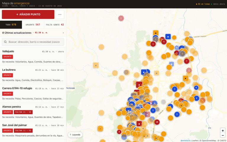 Pantalla del mapa de emergencia, con los puntos de ayuda sobre Cali y la lista de últimas actualizaciones